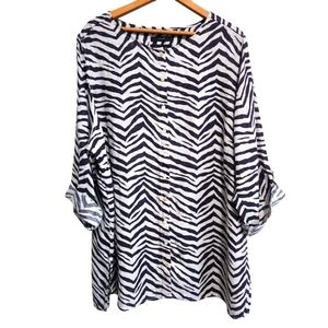 EUC TAHARI LINEN PLUS SIZE 2X ZEBRA PRINT ROLL TAB SLEEVE TUNIC